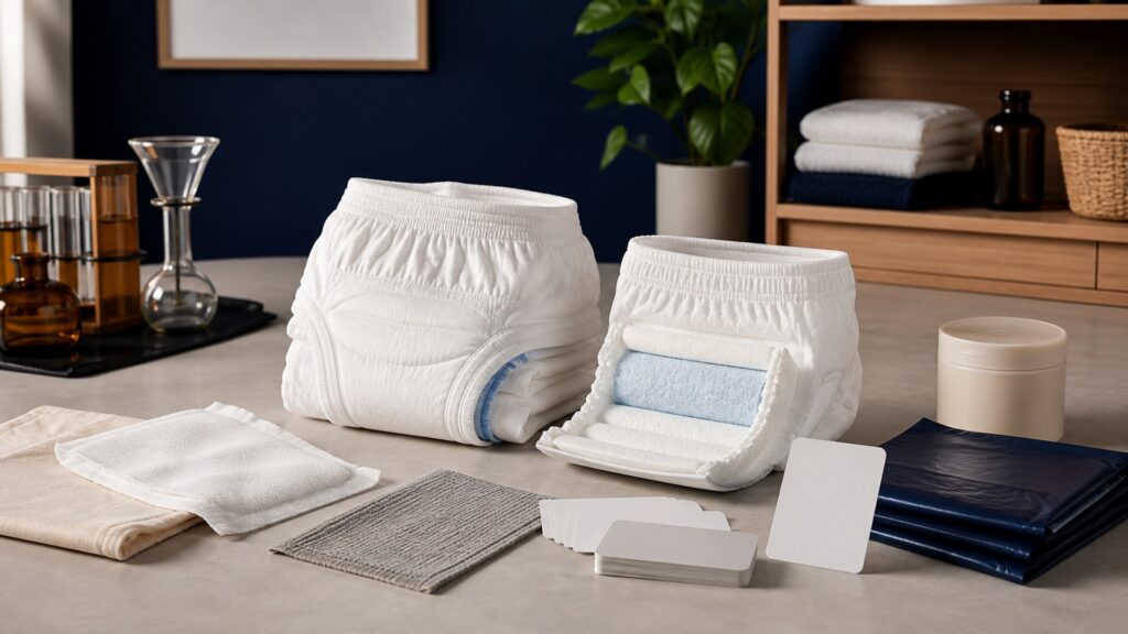 People-free editorial still life illustrating absorbent underwear can support dryness and dignity but does not treat incontinence and prolonged moisture contact can damage skin