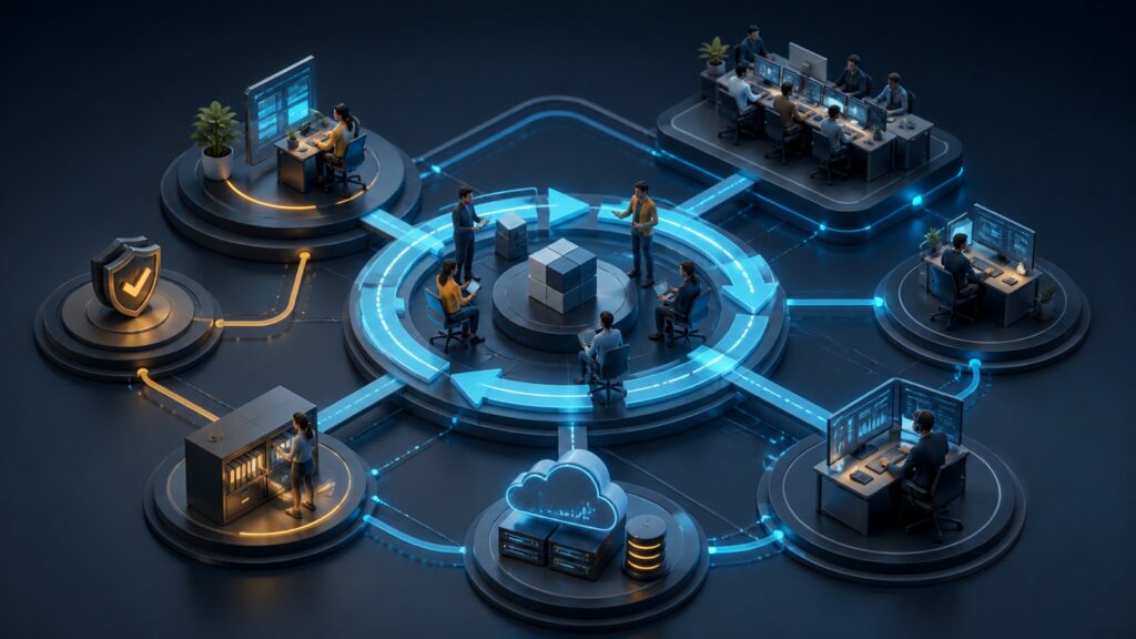 Editorial business scene illustrating agile project management software operating model