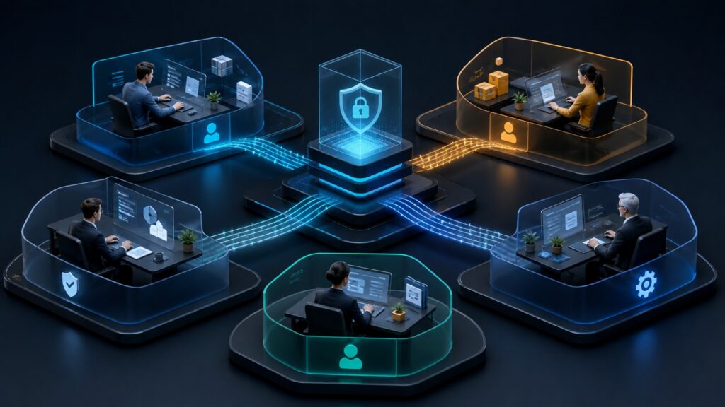 Editorial business scene illustrating agile project management software permission structure