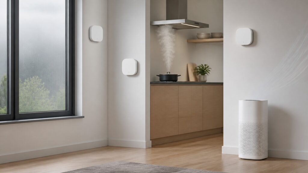 People-free editorial still life illustrating indoor sensor placement and interpretation