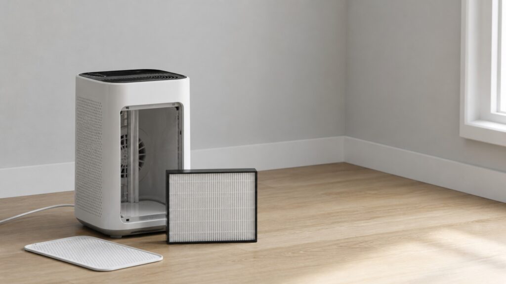 People-free editorial still life illustrating safe air-cleaner operation