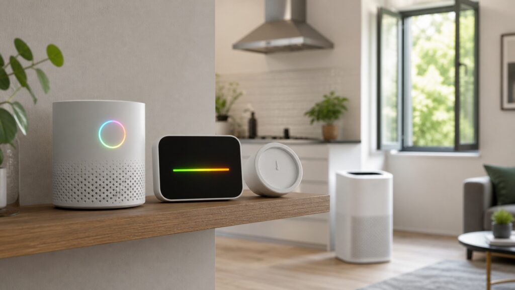 Three unbranded indoor air sensors on a shelf with ventilation and an air purifier visible behind them