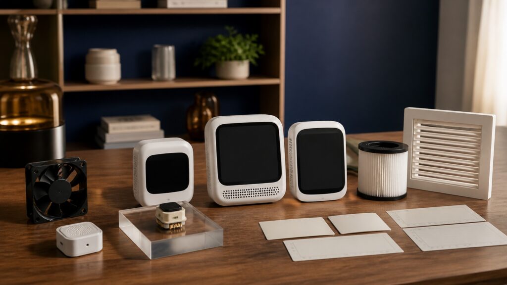 People-free editorial still life illustrating sensor type unit placement averaging interval activity calibration drift interference trend and action threshold
