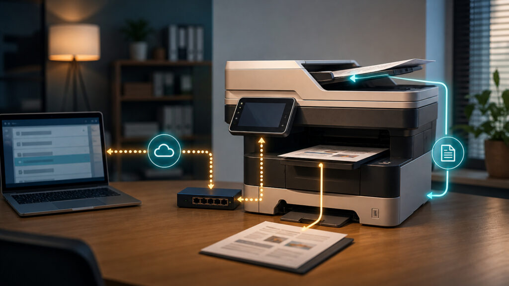Editorial business scene illustrating all-in-one office printers data flow