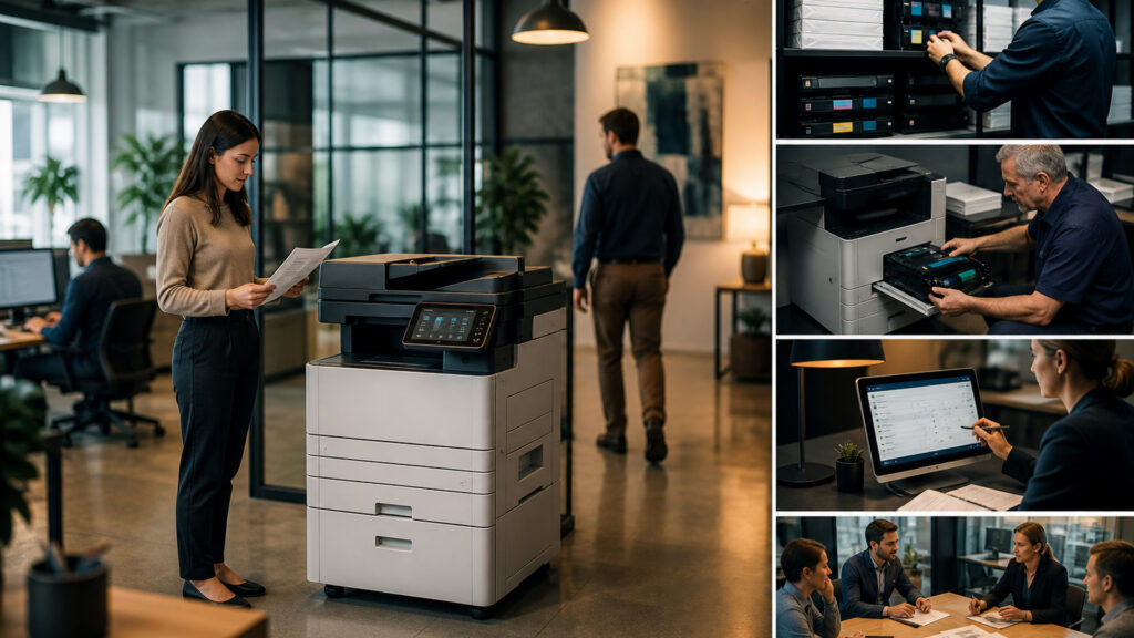 Editorial business scene illustrating all-in-one office printers operating model