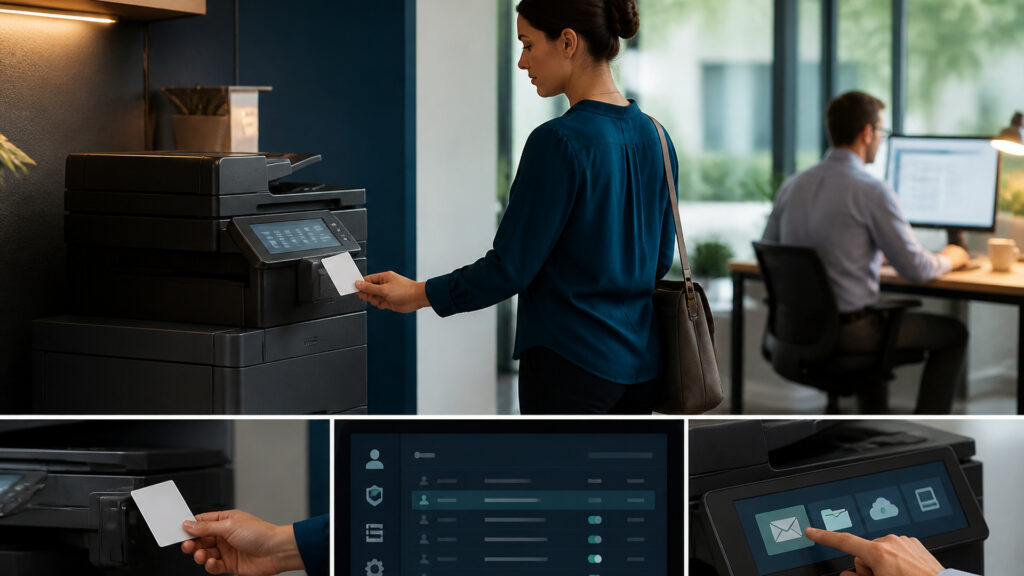 Editorial business scene illustrating all-in-one office printers permission structure