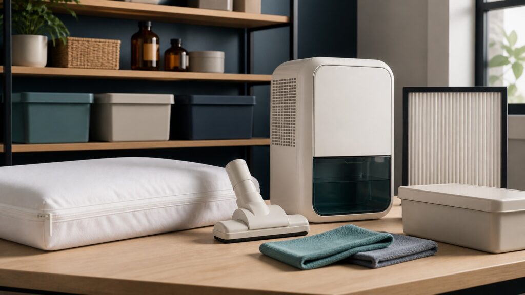 People-free editorial still life illustrating identify source contain clean filter control humidity maintain record and reassess