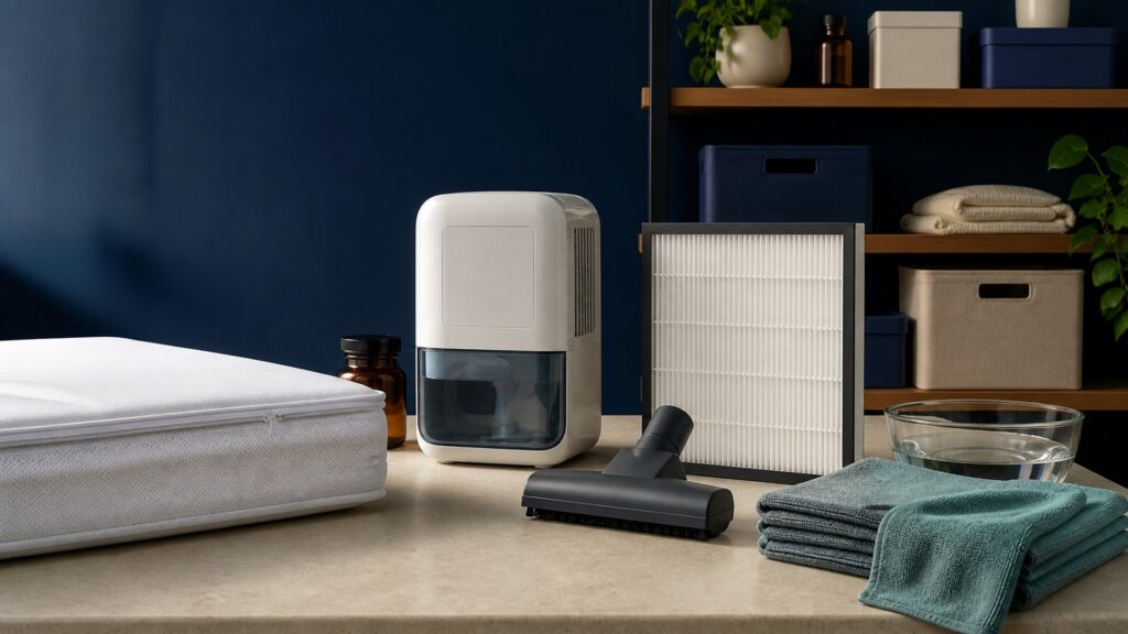 People-free editorial still life illustrating allergen identity source reservoir humidity filtration cleaning exposure symptom maintenance and review