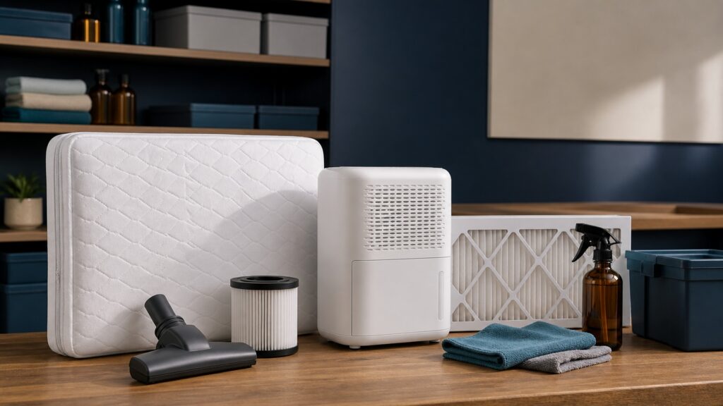 People-free editorial still life illustrating ozone moisture mold dust aerosolization chemical use electrical maintenance and acute breathing warnings
