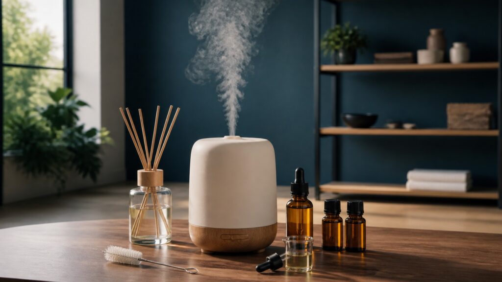 People-free editorial still life illustrating verify fill diffuse ventilate clean and store cycle