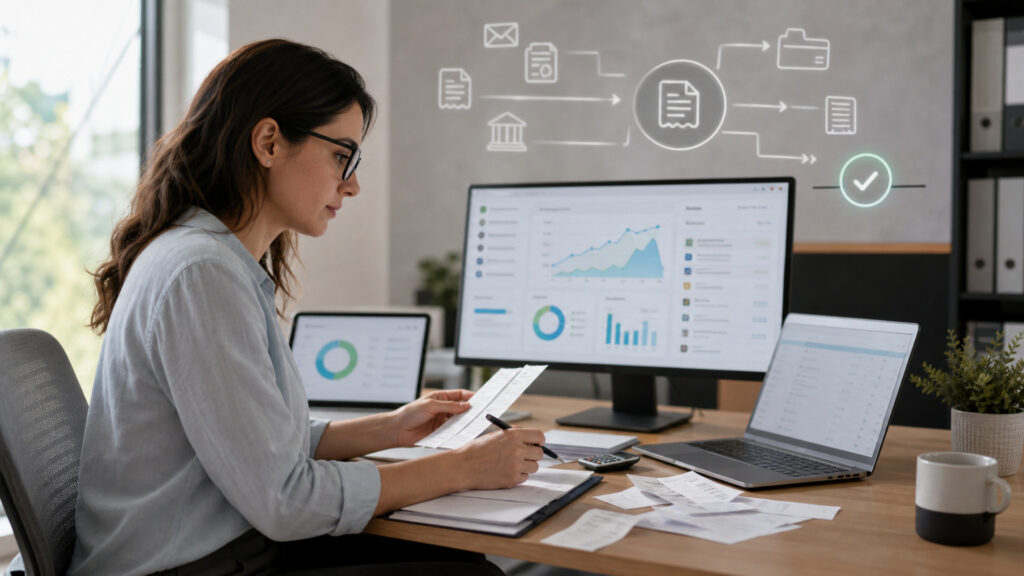 Editorial business scene illustrating automated bookkeeping