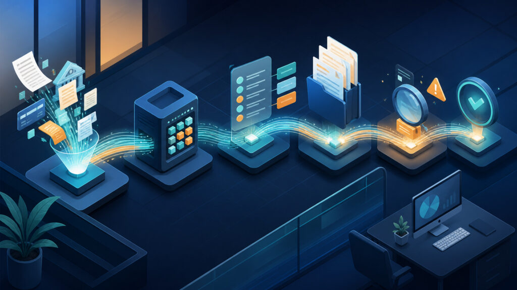 Editorial business scene illustrating automated bookkeeping software data flow