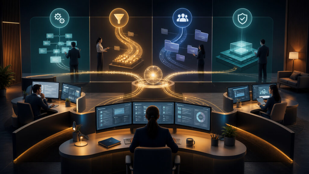 Editorial business scene illustrating automated bookkeeping software operating model