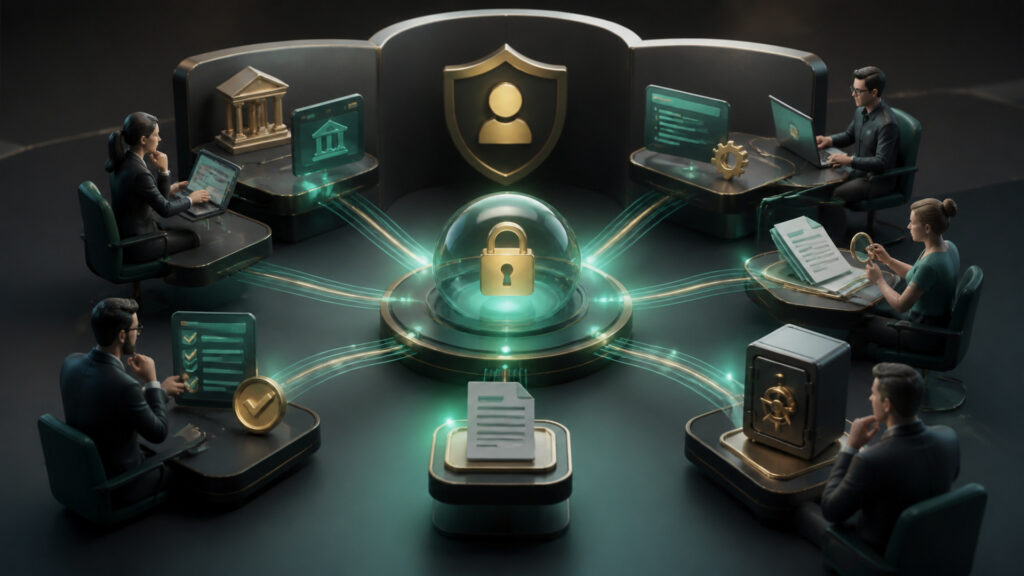 Editorial business scene illustrating automated bookkeeping software permission structure