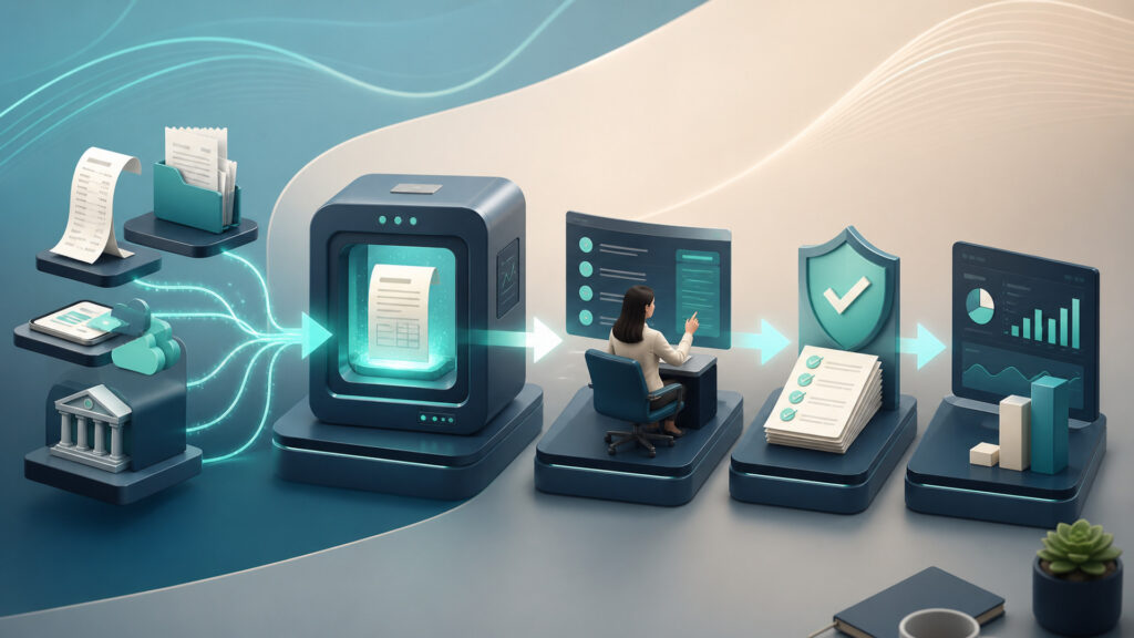 Editorial business scene illustrating automated bookkeeping software workflow role