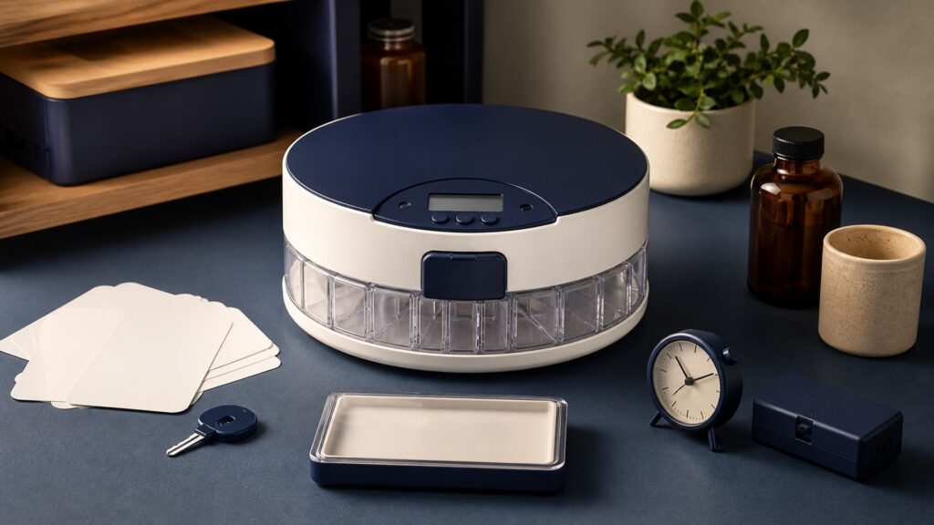 People-free editorial still life illustrating medication list dose time capacity fill accuracy lockout alarm response clock power backup and refill
