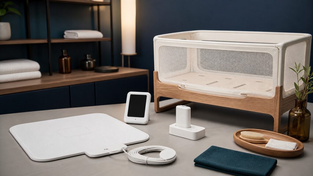 People-free editorial still life illustrating safe sleep inspect position power test alarms keep cords away record clean and clinician review