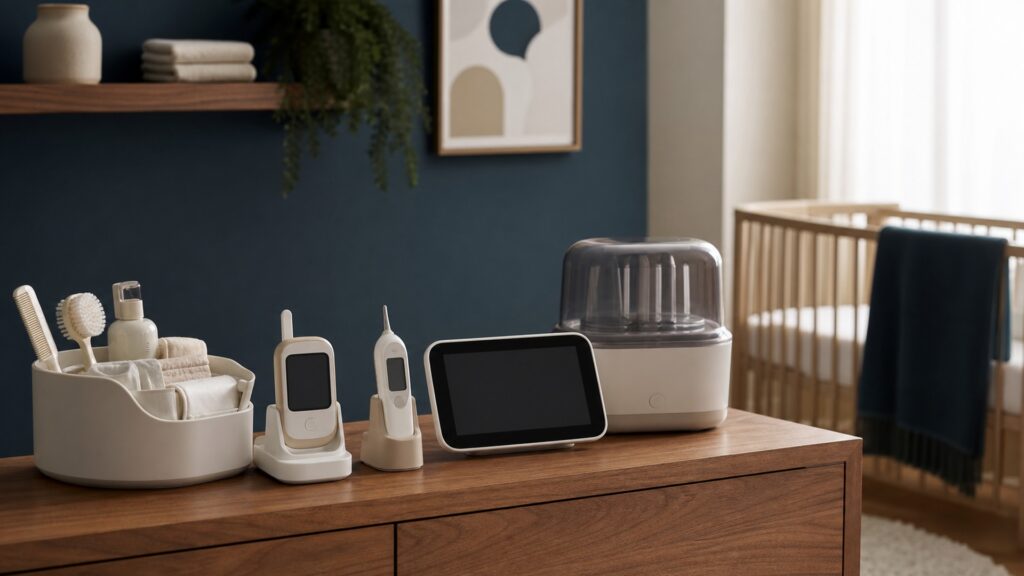 People-free editorial still life illustrating caregiver check clean charge and handoff routine