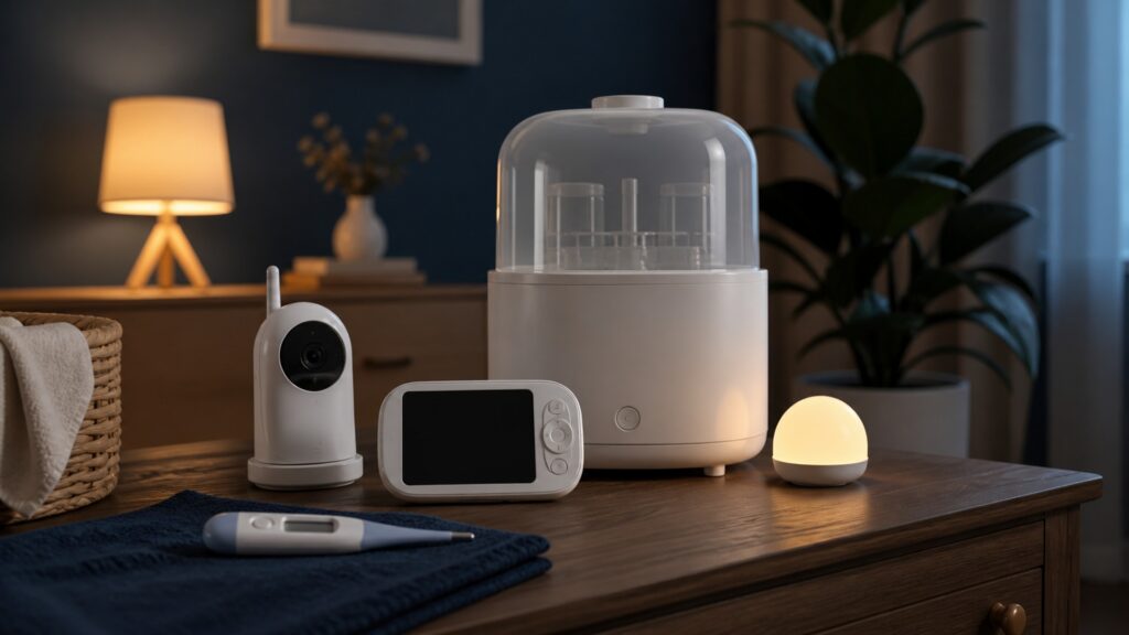 People-free editorial still life illustrating supporting infant observation and caregiving tasks