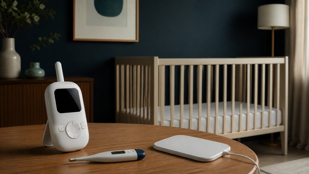People-free editorial still life illustrating confirming infant sensor readings and placement