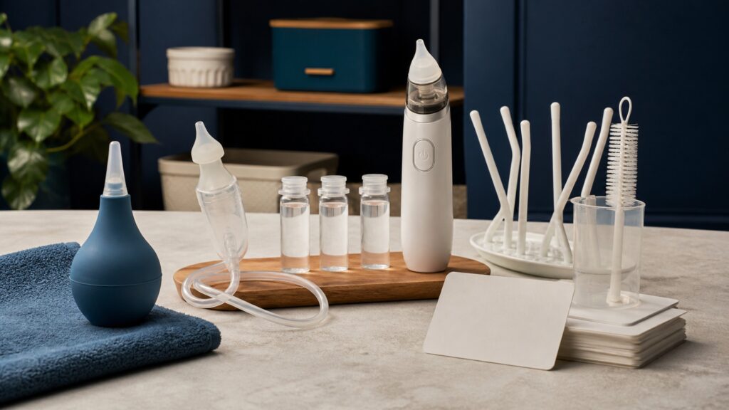 People-free editorial still life illustrating age symptoms saline source suction strength tip depth duration frequency mucus skin feeding and breathing