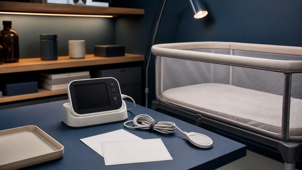 People-free editorial still life illustrating unauthorized claims false reassurance false alarms motion artifact poor perfusion skin injury cords unsafe sleep and delayed emergency care