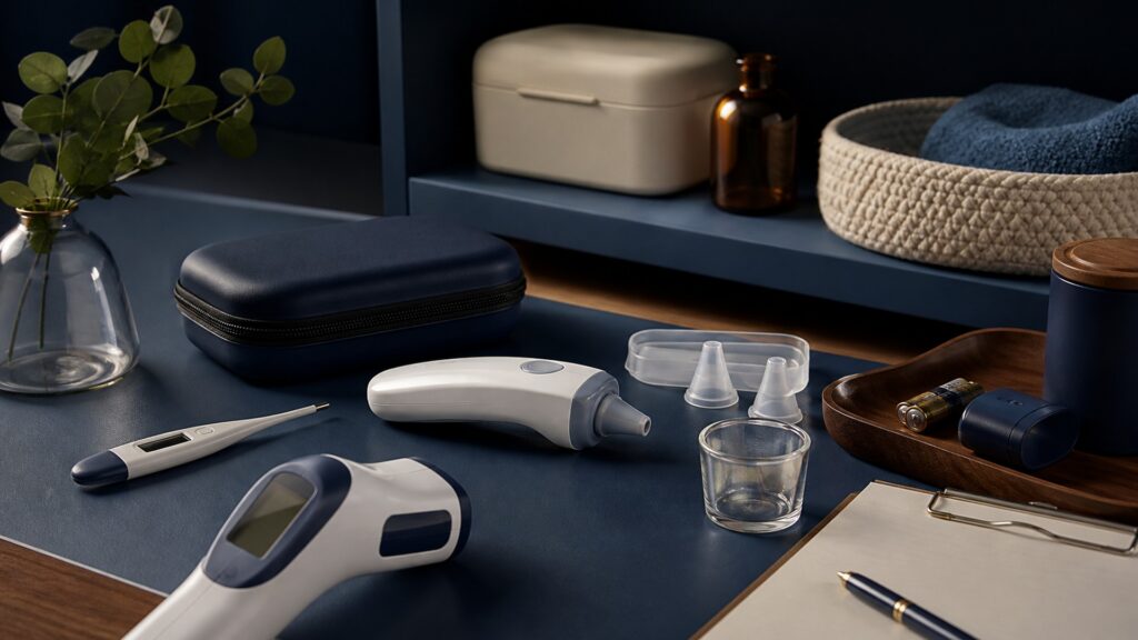 People-free editorial still life illustrating mercury glass wrong method excessive insertion force cross-contamination loose batteries false precision and delayed infant fever care