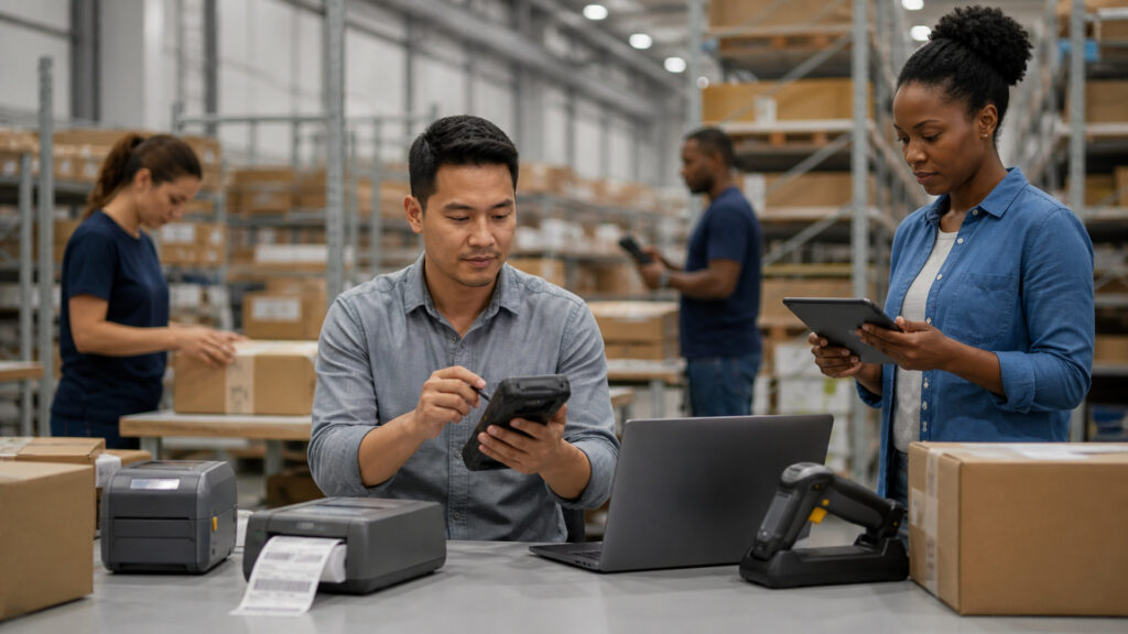 Editorial business scene illustrating barcode equipment permission structure