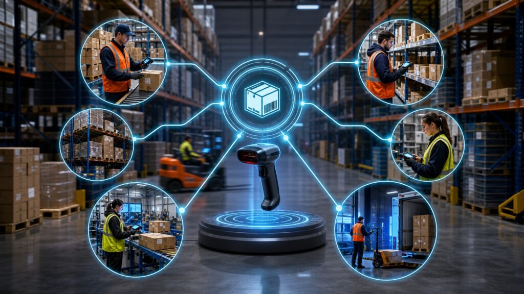 Editorial business scene illustrating barcode inventory systems operating model