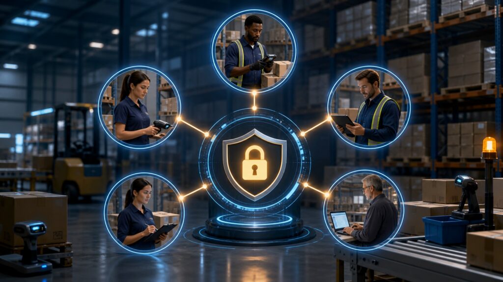 Editorial business scene illustrating barcode inventory systems permission structure