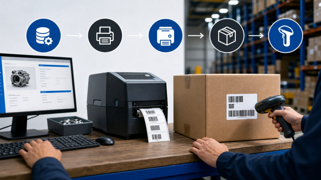 Editorial business scene illustrating barcode label printers data flow