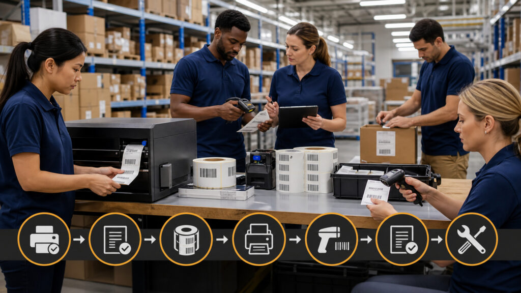Editorial business scene illustrating barcode label printers operating model