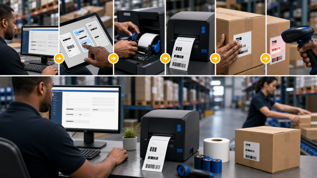 Editorial business scene illustrating barcode label printers workflow role