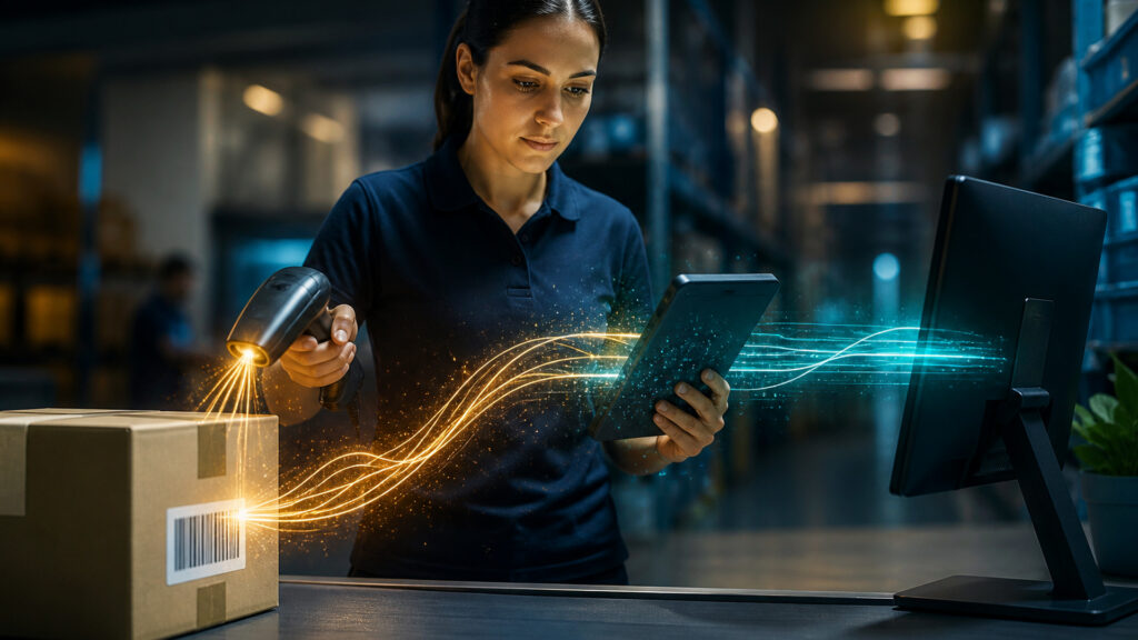 Editorial business scene illustrating barcode scanners data flow