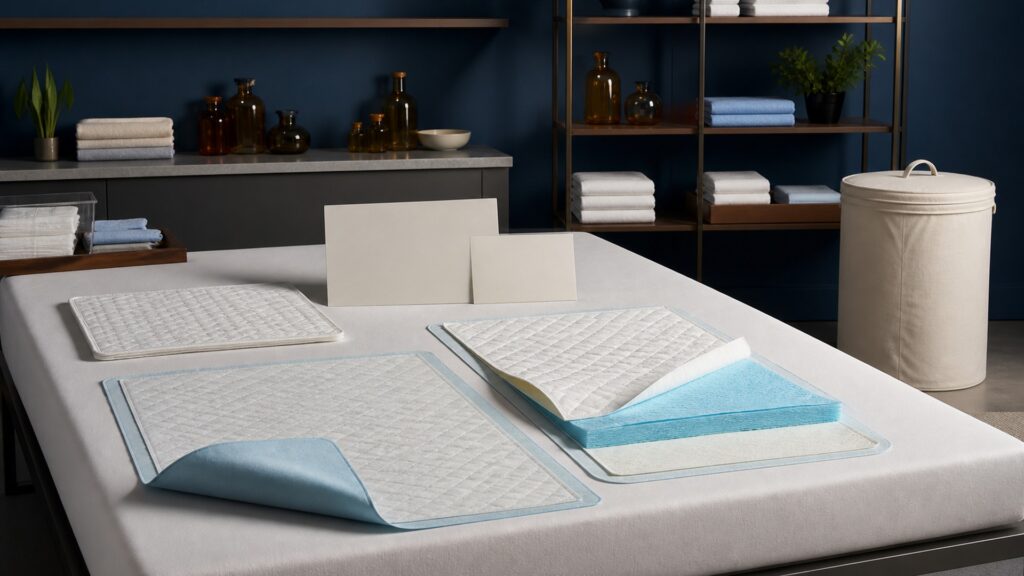 People-free editorial still life illustrating an underpad protects furniture and bedding but cannot by itself keep skin dry or prevent pressure injury