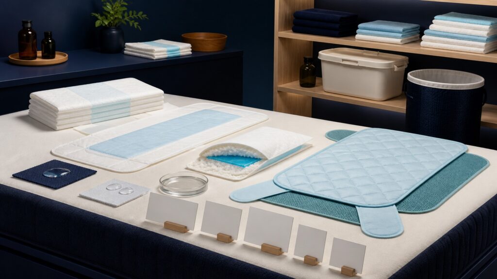 People-free editorial still life illustrating dimensions capacity surface dryness backing grip bunching leaks changes skin pressure and laundering