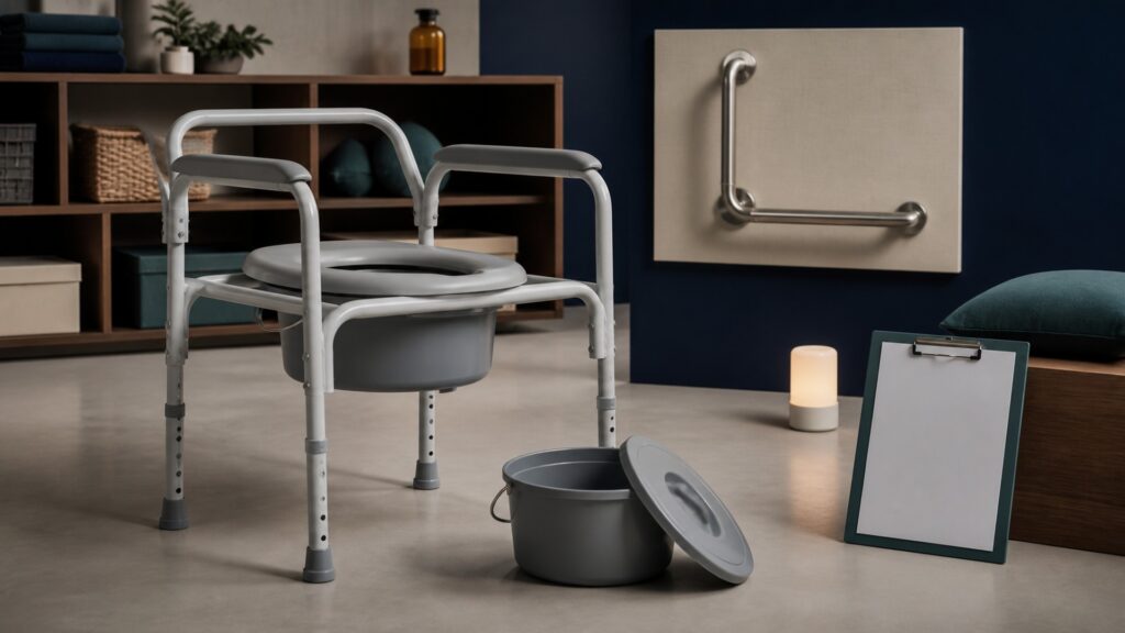 People-free editorial still life illustrating a bedside commode can reduce travel demands but does not by itself make transfers safe or prevent falls