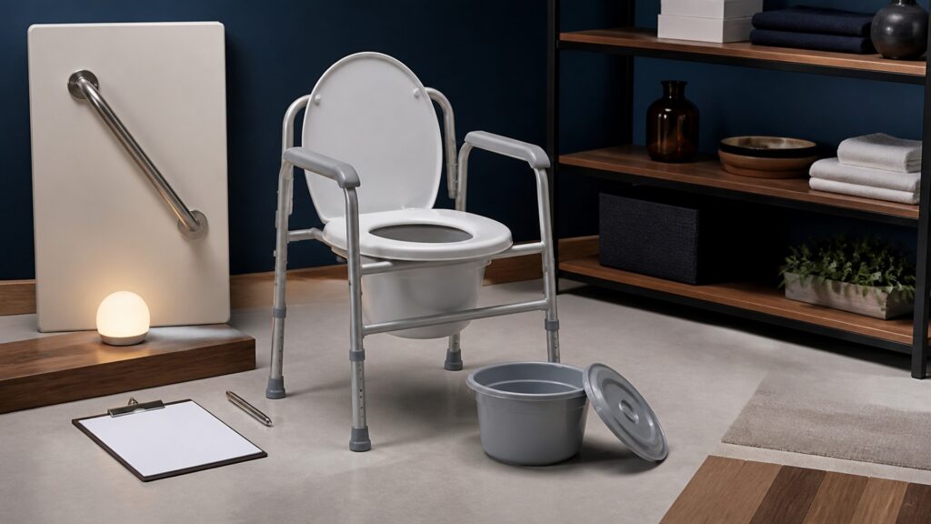 People-free editorial still life illustrating user fit capacity height width stability floor transfer route lighting assistance and cleaning access