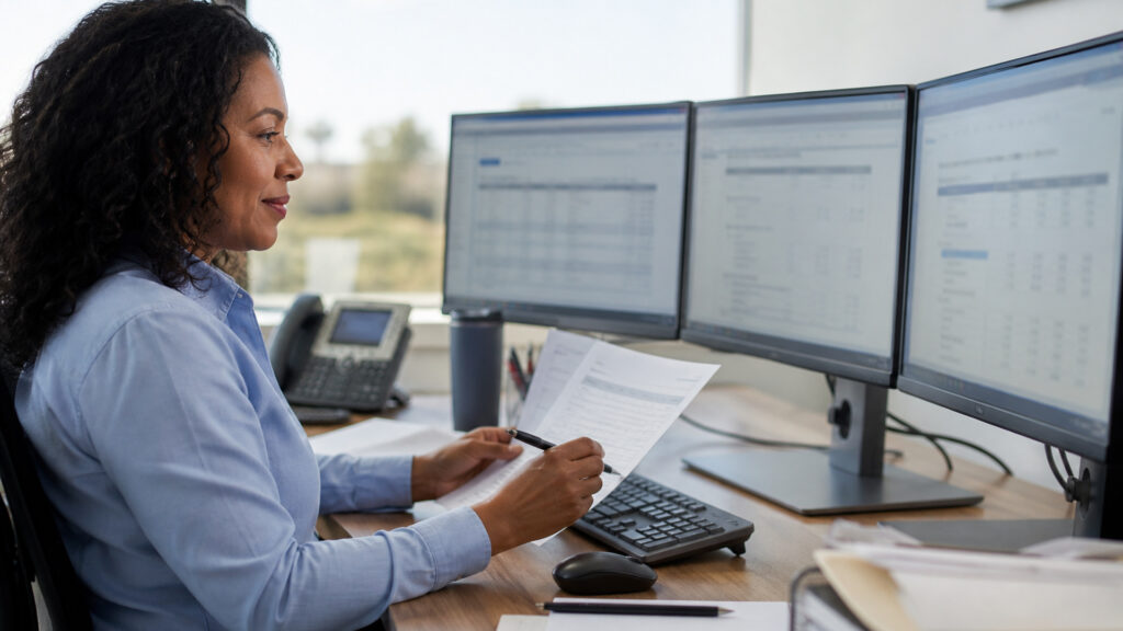 Editorial business scene illustrating benefits administration services data flow