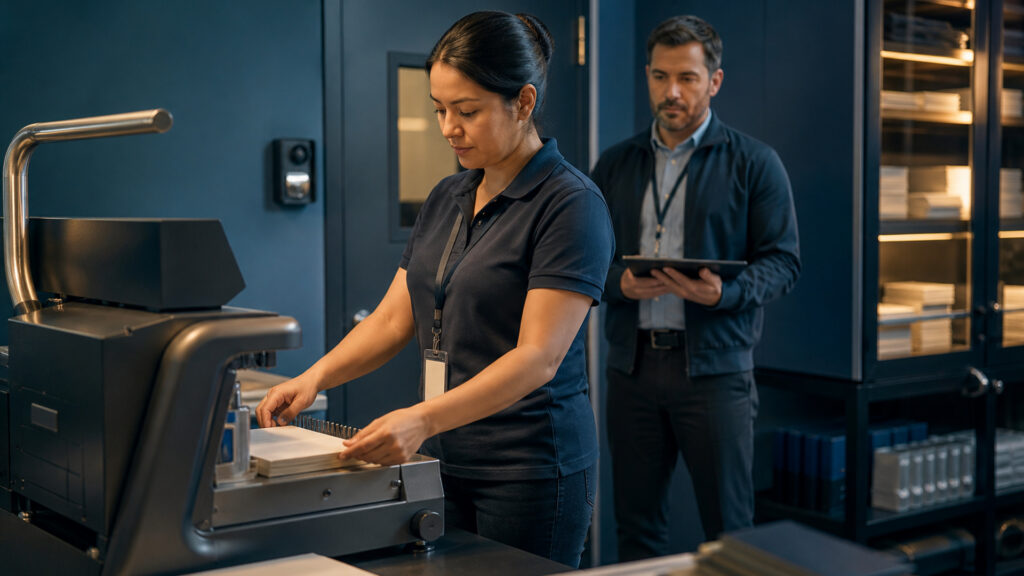 Editorial business scene illustrating binding machines permission structure