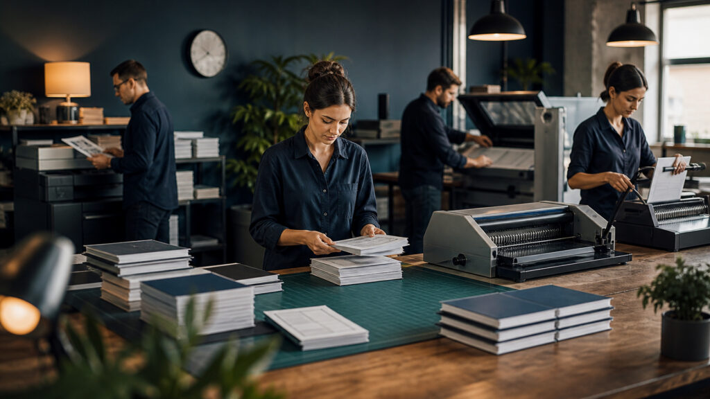 Editorial business scene illustrating binding machines workflow role