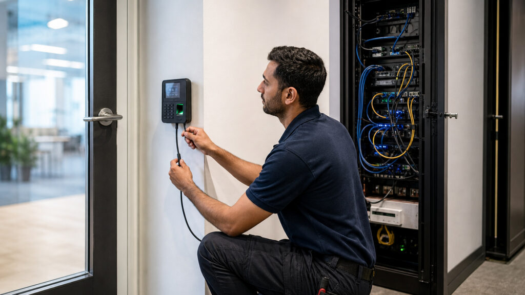 Editorial business scene illustrating biometric access control systems data flow