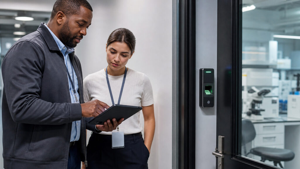 Editorial business scene illustrating biometric access control systems permission structure