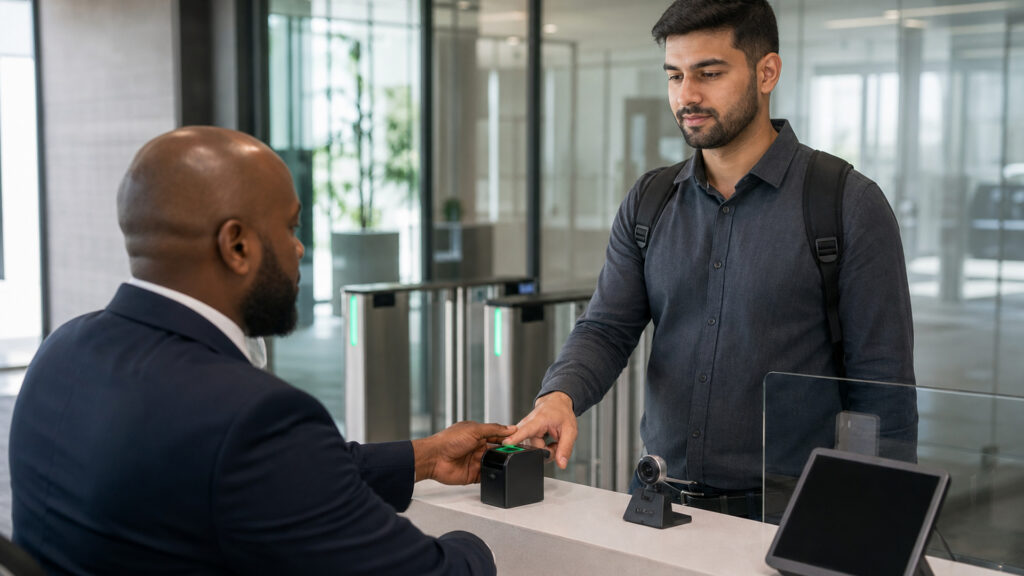 Editorial business scene illustrating biometric access control systems workflow role