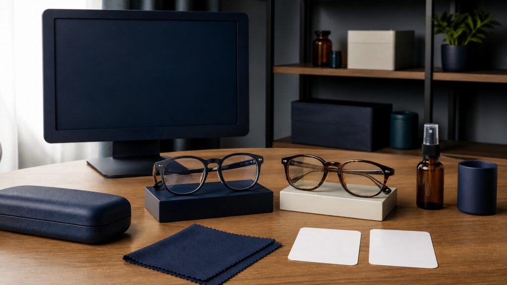 People-free editorial still life illustrating fit clean compare task lighting blink break record and review cycle