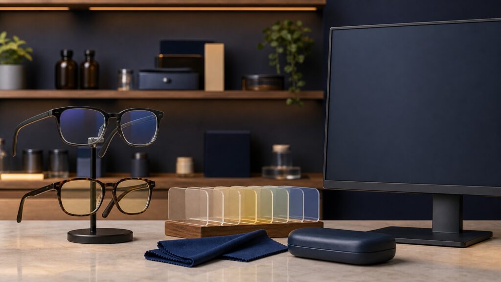 People-free editorial still life illustrating an optional optical filter whose short-term eye-strain benefit is uncertain and whose role should not be confused with prescription correction