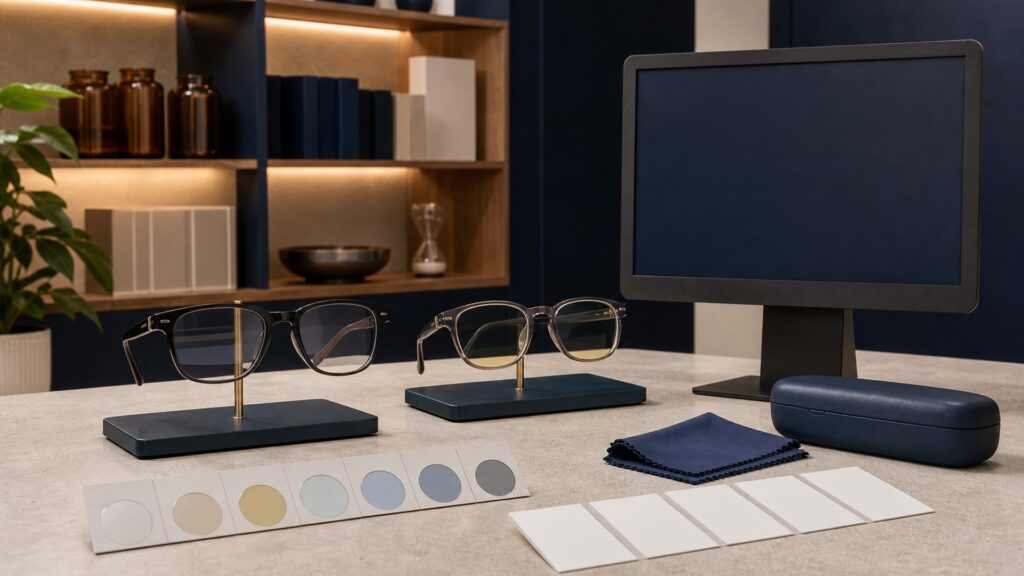 People-free editorial still life illustrating transmission tint coating prescription fit task lighting duration dryness strain sleep and comparison