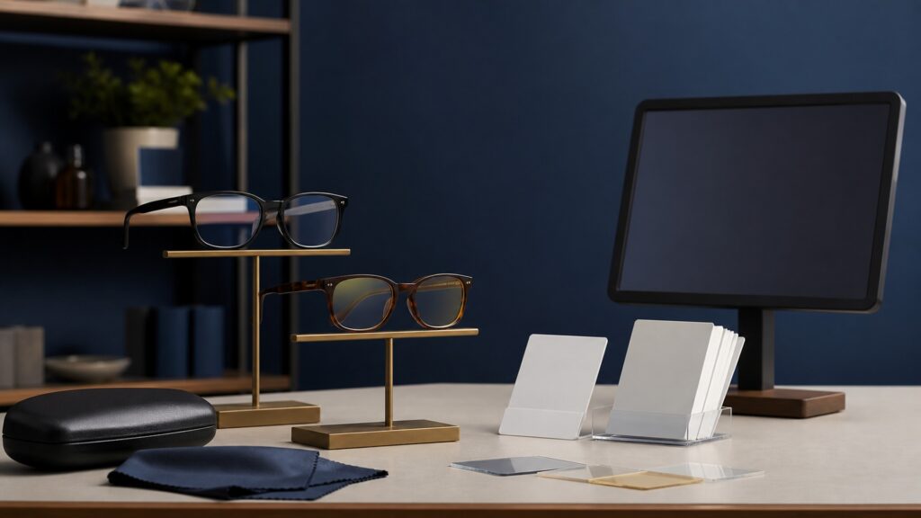 People-free editorial still life illustrating optical quality prescription color distortion driving persistent symptom and urgent-vision safety