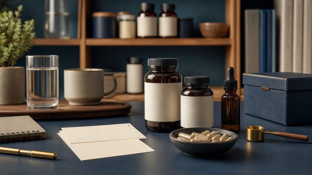 People-free editorial still life illustrating single-change supplement log with mood and sleep review