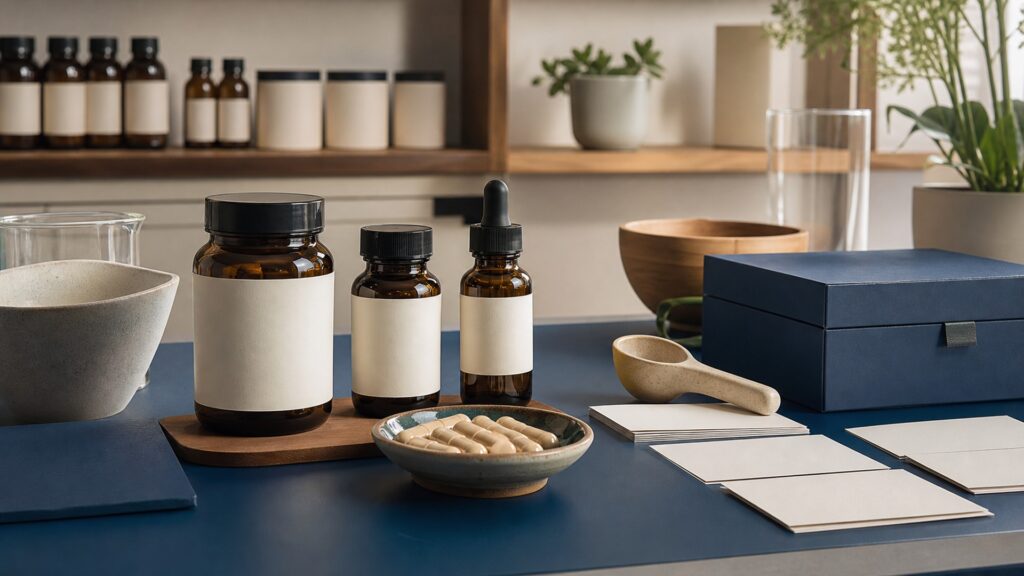 People-free editorial still life illustrating ingredient dose preparation baseline diet medicine sleep symptom timing and response